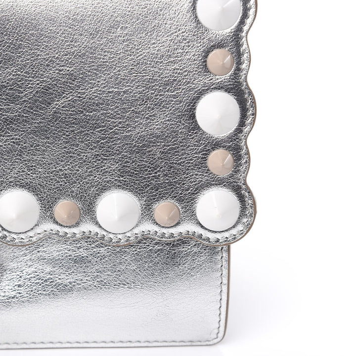 Fendi Kan I Metallic Silver Calfskin Scalloped Studded Small Shoulder Bag 8M0381