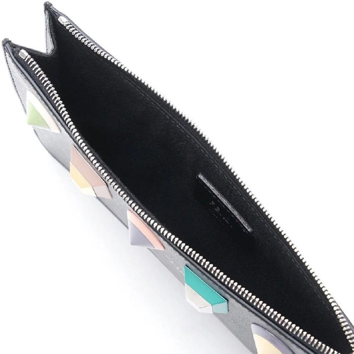 Fendi Rainbow Asphalt Gray Calf Leather Studs Wristlet Wallet 8M0341