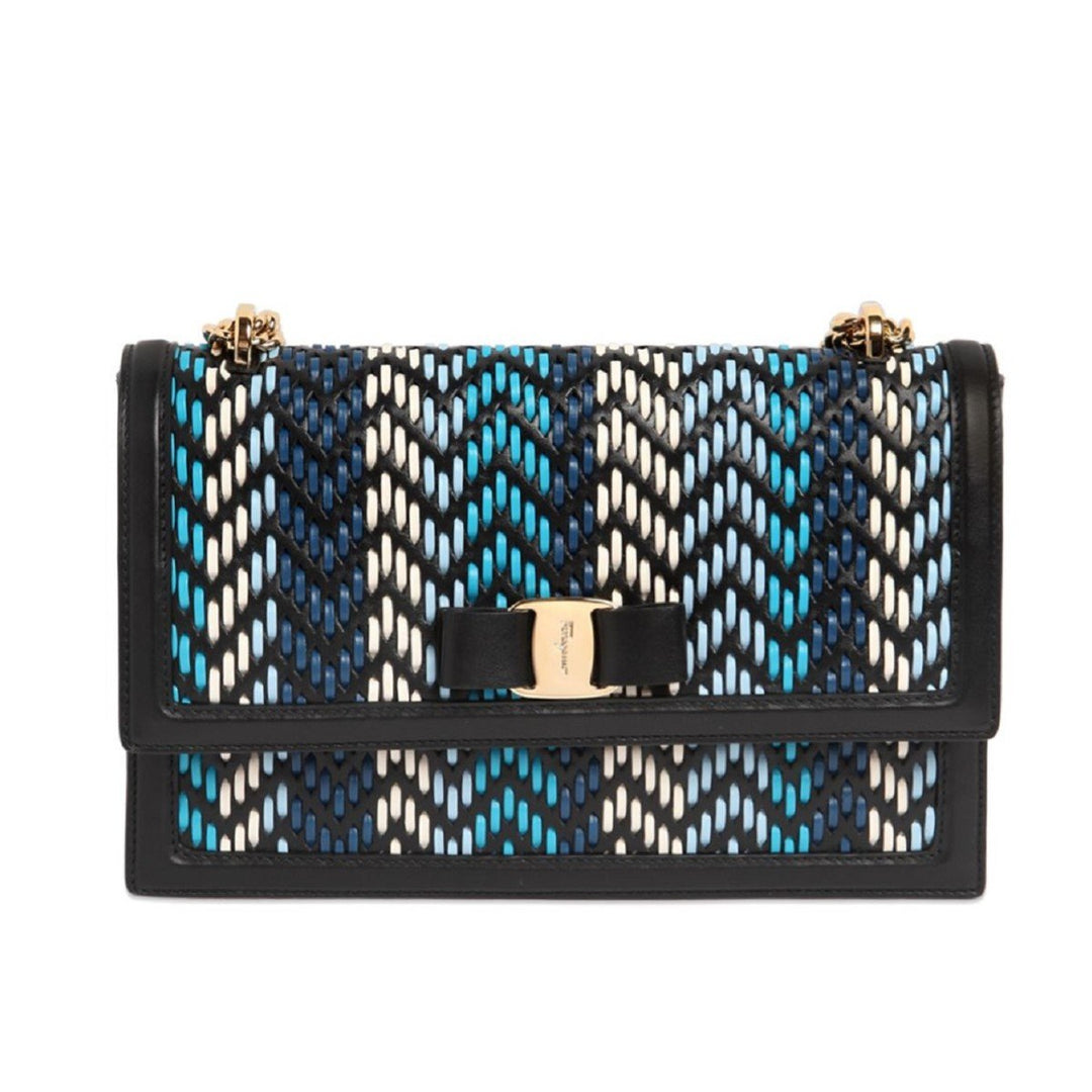 Ferragamo Ginny Multi Blue Plaited Calf Leather Shoulder Handbag G172/01