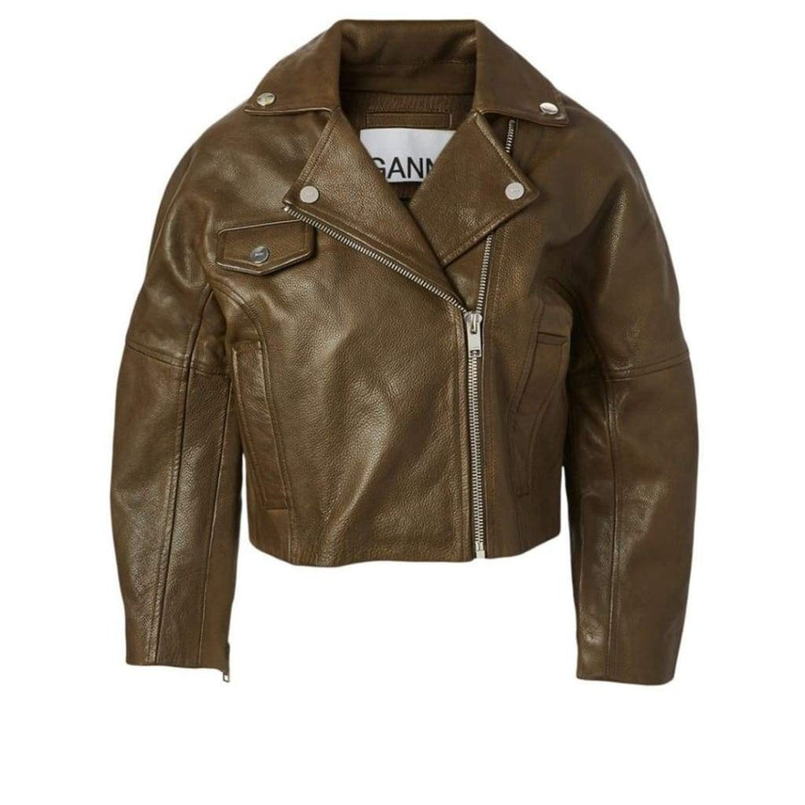 Ganni-Leather Cropped Biker Jacket - Runway Catalog