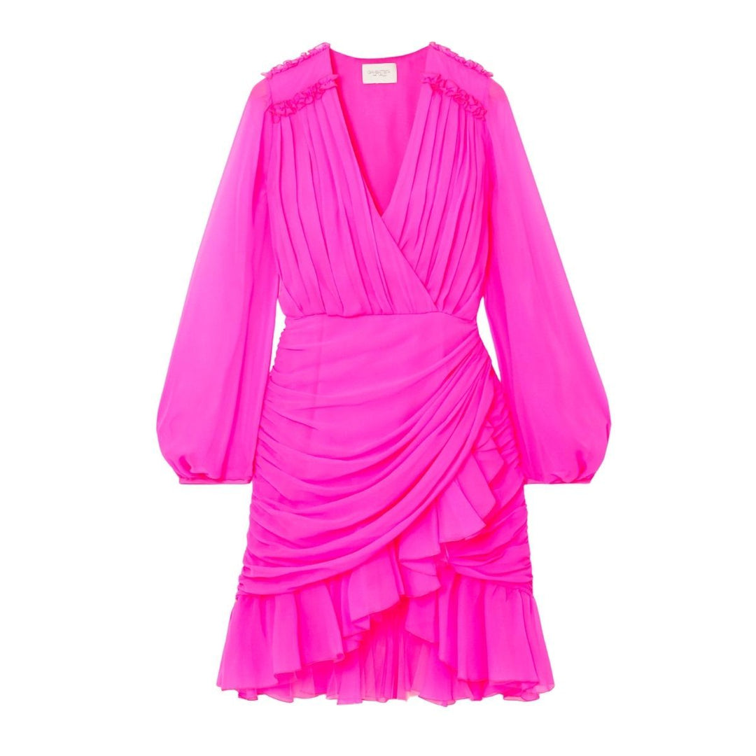 Giambattista Valli-Ruched Neon Silk-Chiffon Mini Dress - Runway Catalog