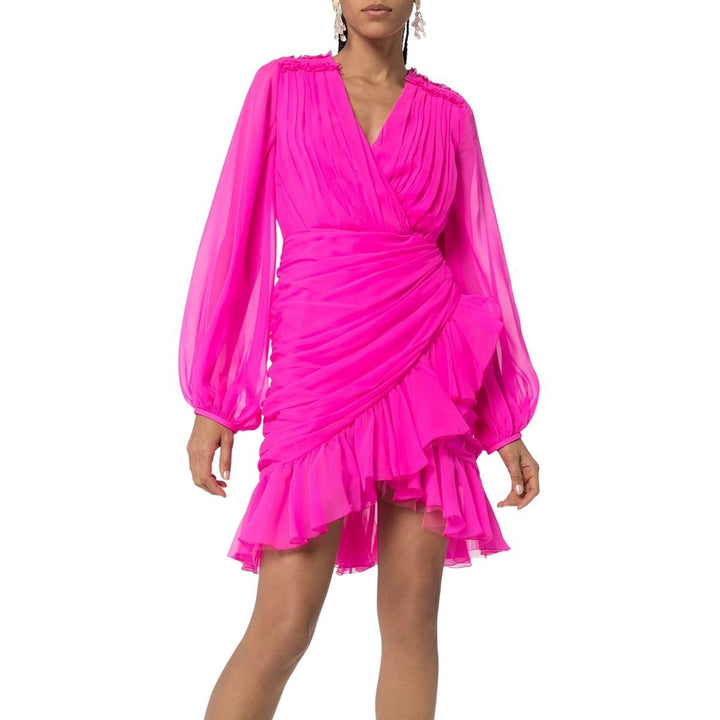 Ruched Neon Silk-Chiffon Mini Dress