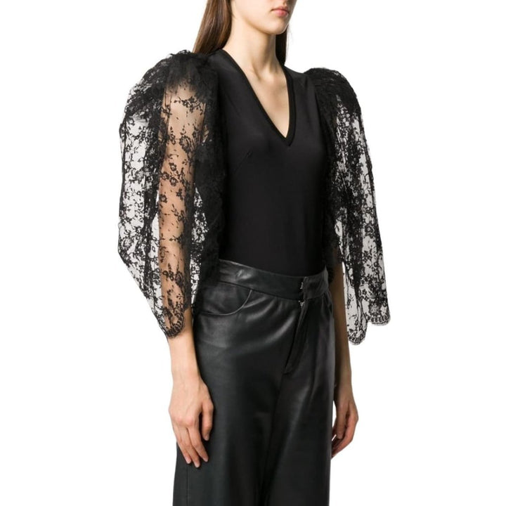 Black Lace Puff-sleeve Bodysuit