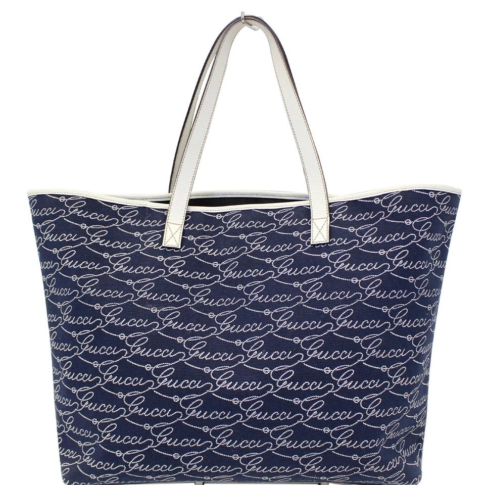 G*G Bag Large Script 257245 Blue/White Canvas Tote