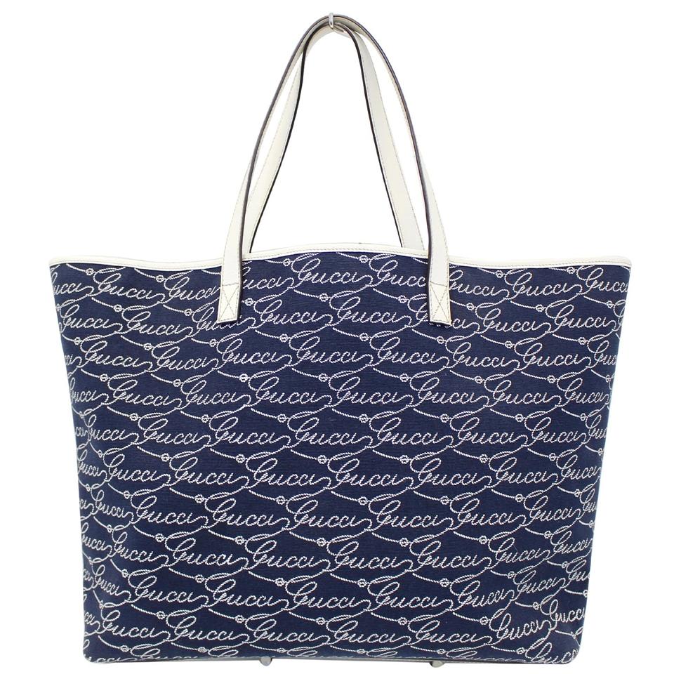 G*G Bag Large Script 257245 Blue/White Canvas Tote
