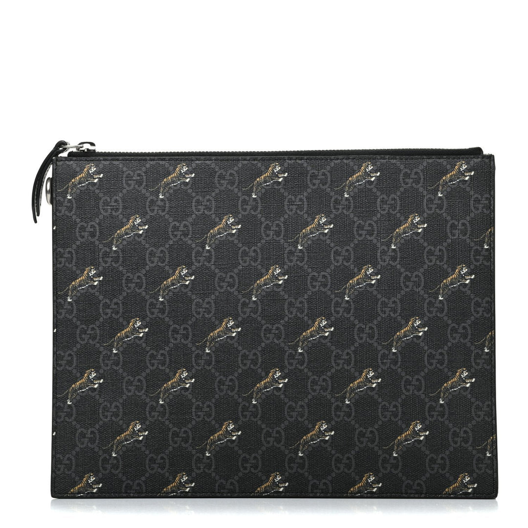 Gucci Black GG Supreme Monogram Tiger Print Pouch Wristlet Clutch Bag 575136
