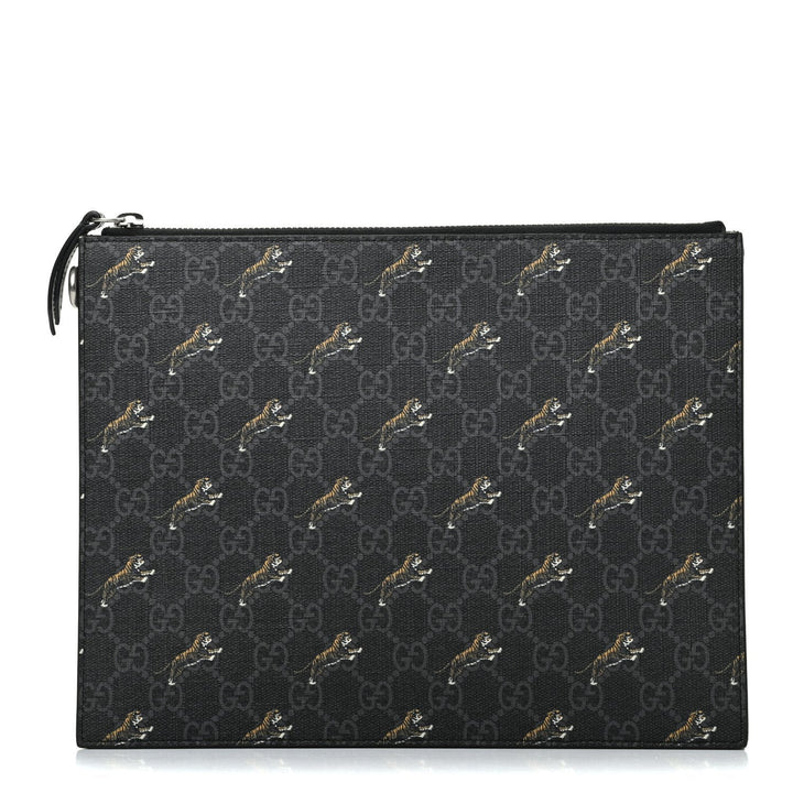 Gucci Black GG Supreme Monogram Tiger Print Pouch Wristlet Clutch Bag 575136