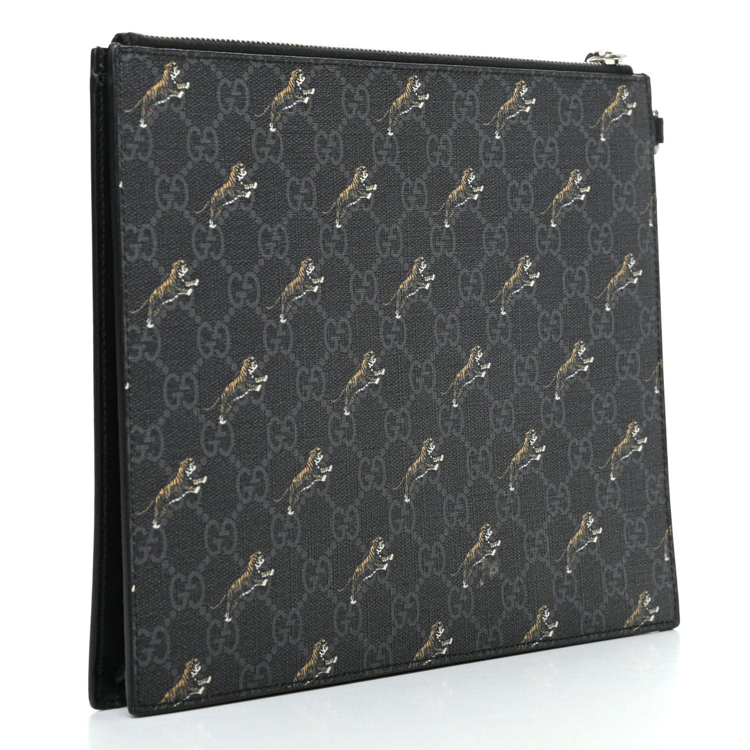 Gucci Black GG Supreme Monogram Tiger Print Pouch Wristlet Clutch Bag 575136