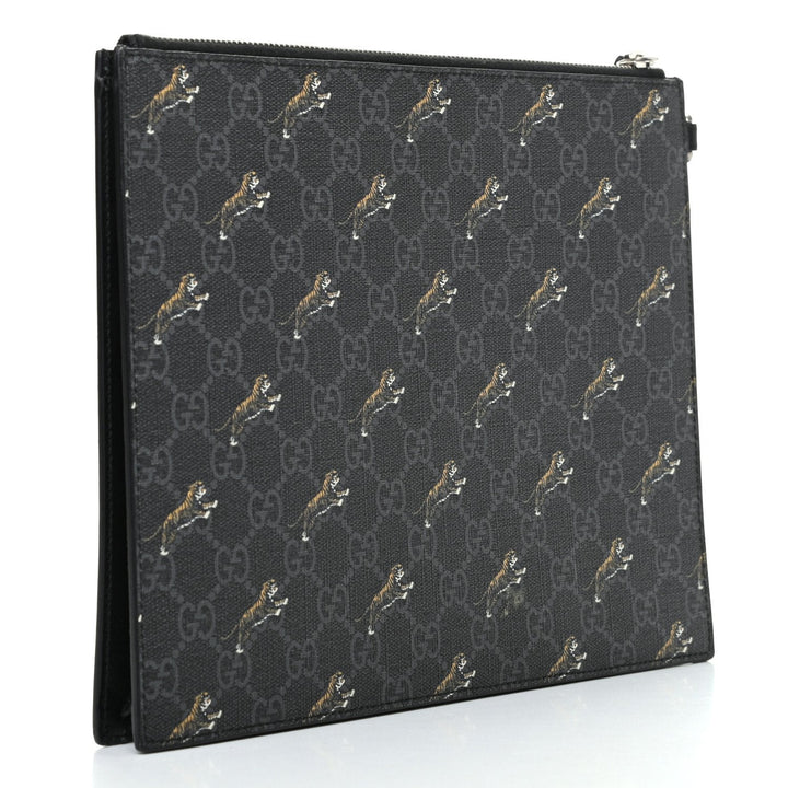 Gucci Black GG Supreme Monogram Tiger Print Pouch Wristlet Clutch Bag 575136