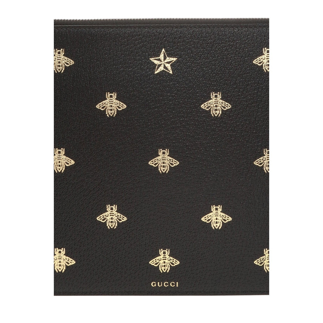 Gucci Black Leather Bee Star Motif Gold Pouch Wristlet Bag 495066