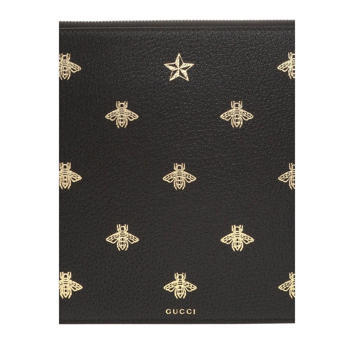 Gucci Black Leather Bee Star Motif Gold Pouch Wristlet Bag 495066