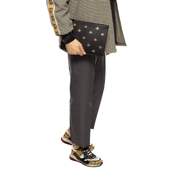 Gucci Black Leather Bee Star Motif Gold Pouch Wristlet Bag 495066