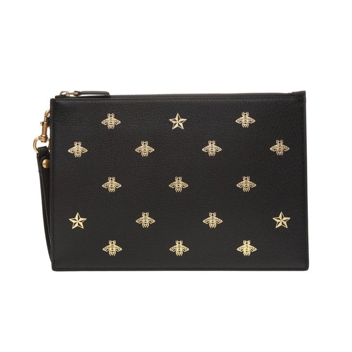 Gucci Black Leather Bee Star Motif Gold Pouch Wristlet Bag 495066