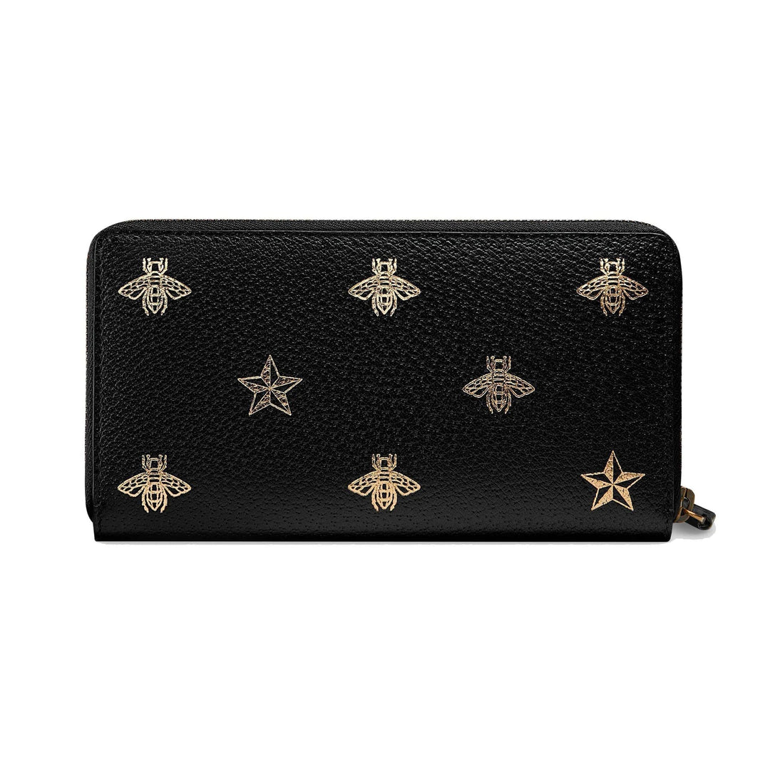 Gucci Bee Star Black Leather Continental Zip Around Wallet 495062