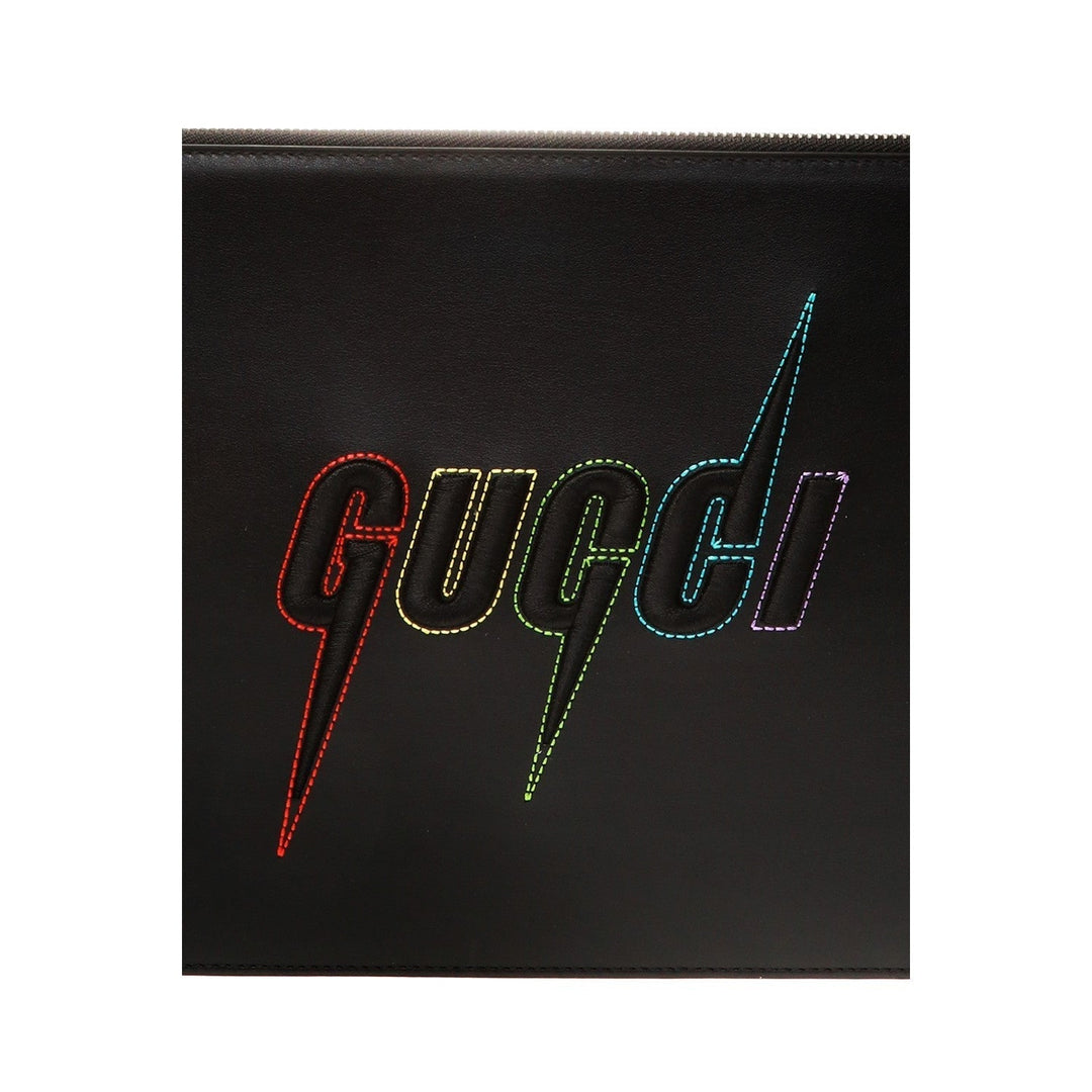 Gucci Blade Embroidered Black Leather Pouch Wristlet Bag 597678