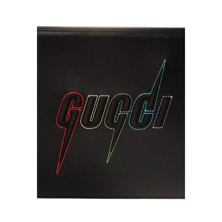 Gucci Blade Embroidered Black Leather Pouch Wristlet Bag 597678