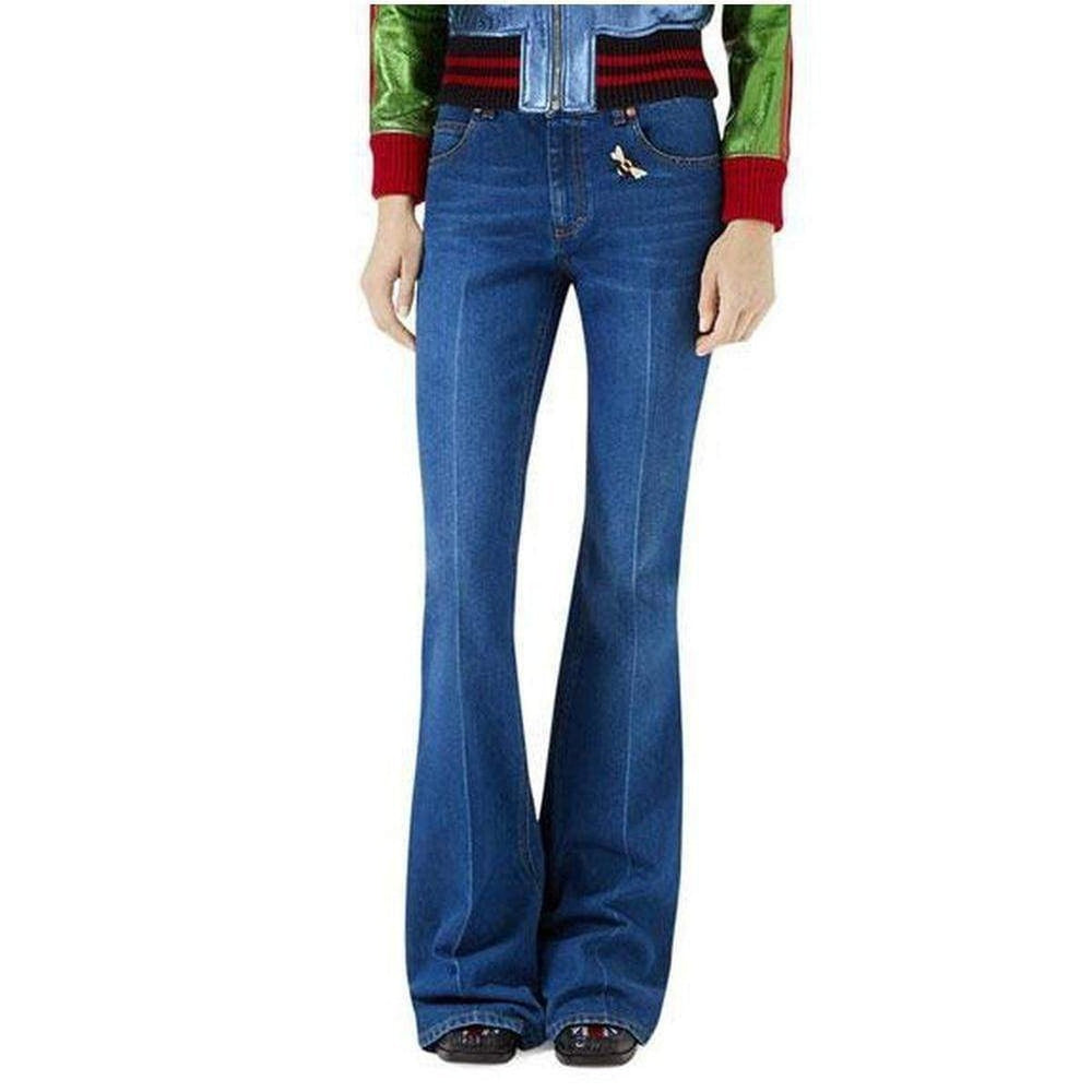 Gucci-Blue Flare-leg With Bee & Butterfly Patches Jeans - Runway Catalog