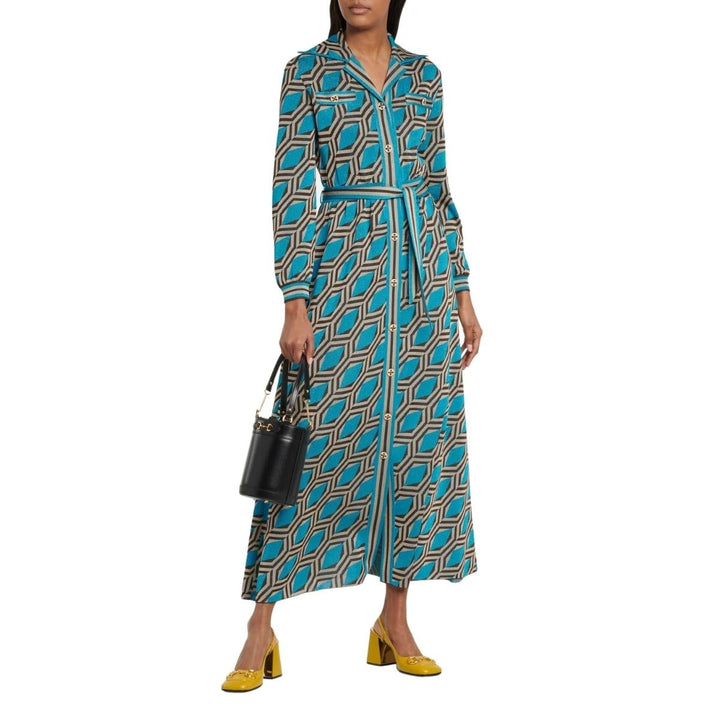 Blue Geometric-pattern Jacquard Shirt Dress