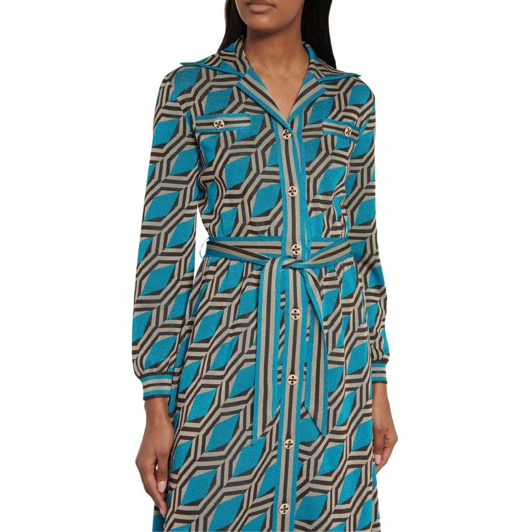Blue Geometric-pattern Jacquard Shirt Dress