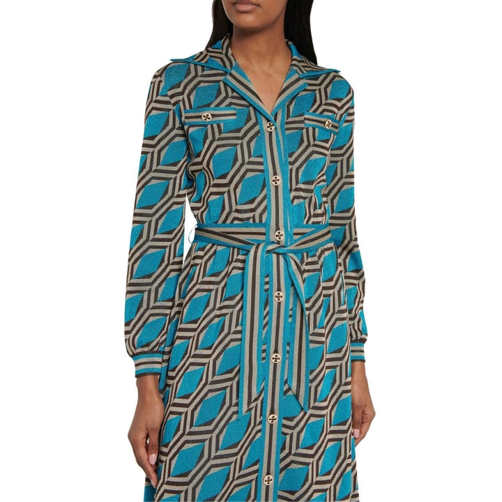 Blue Geometric-pattern Jacquard Shirt Dress