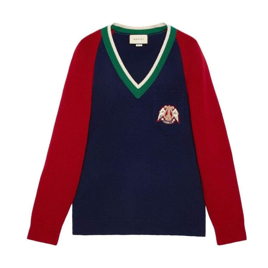 Gucci-Blue V-neck Wool Sweater With Lyre - Runway Catalog