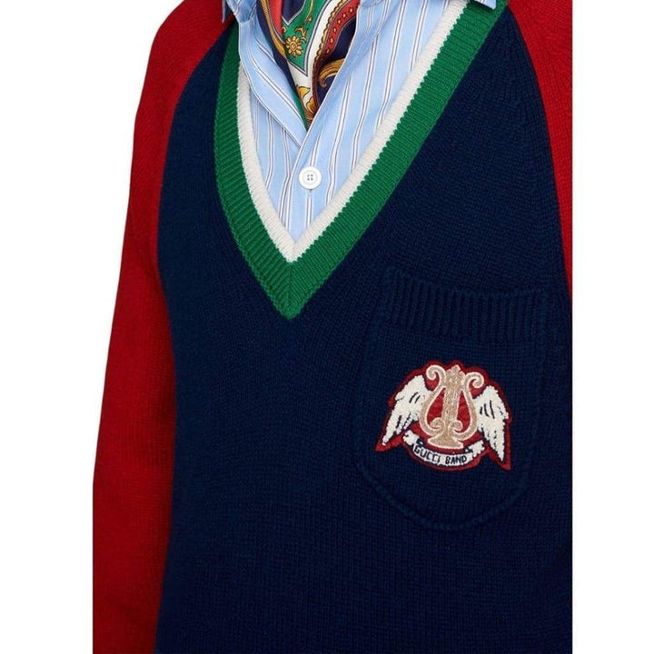 Blue V-neck Wool Sweater With Lyre