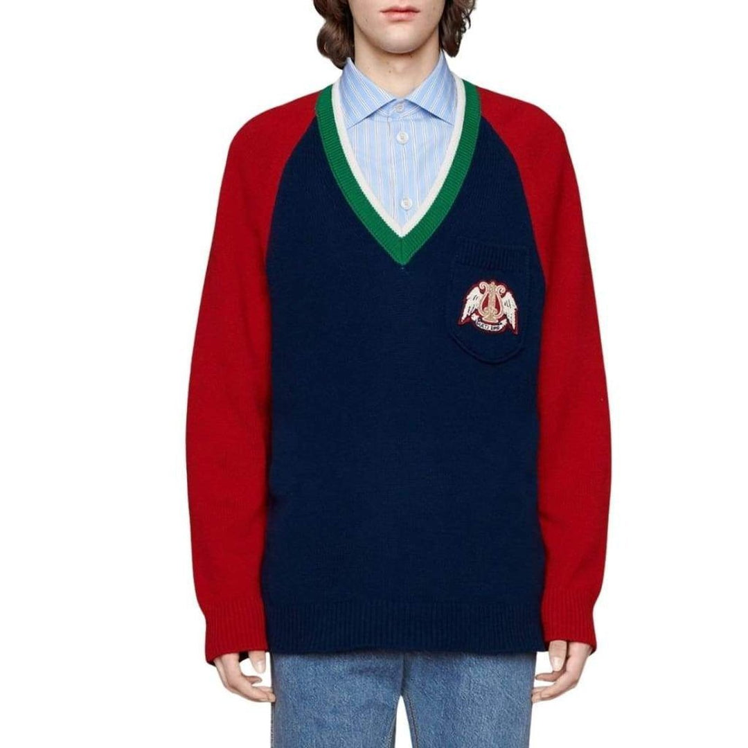 Blue V-neck Wool Sweater With Lyre