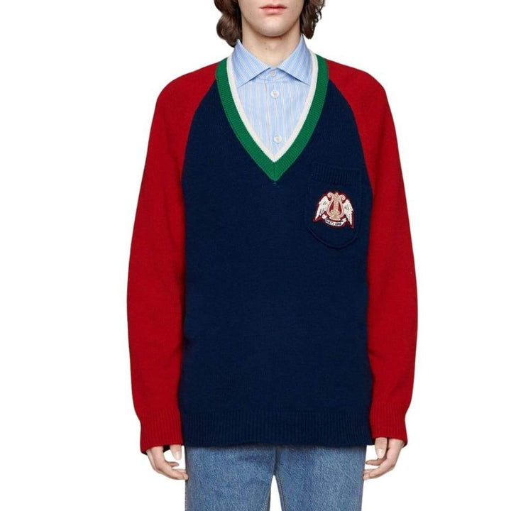 Blue V-neck Wool Sweater With Lyre