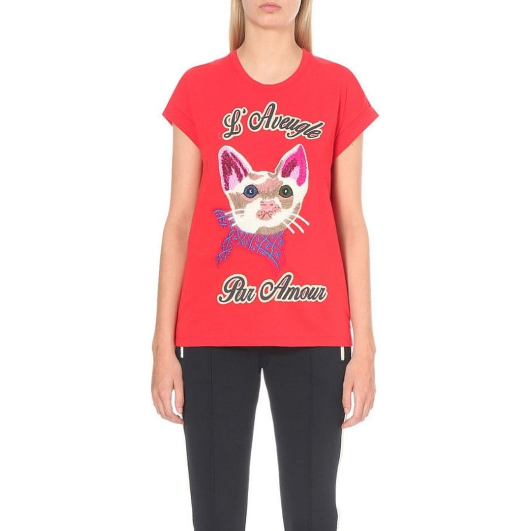 Cat Embroidered Cotton-Jersey T-shirt