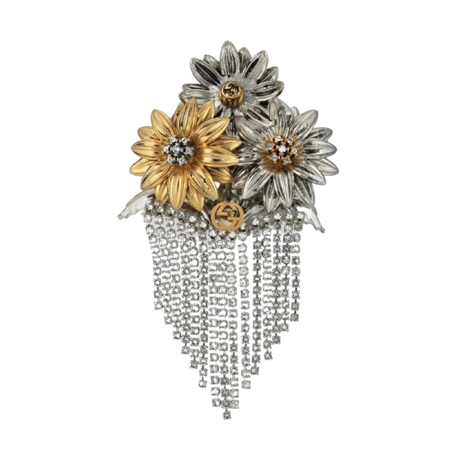 Gucci-Crystal Flower Fringe Brooch - Runway Catalog