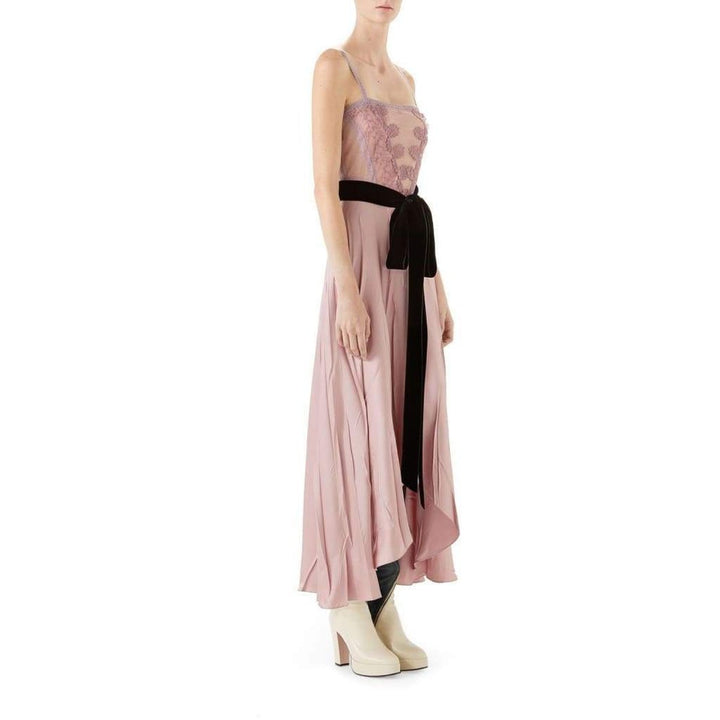 Double Satin Dress Lace Insert and Tie Waist