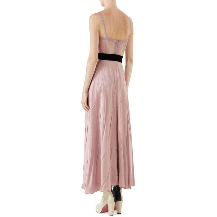 Double Satin Dress Lace Insert and Tie Waist