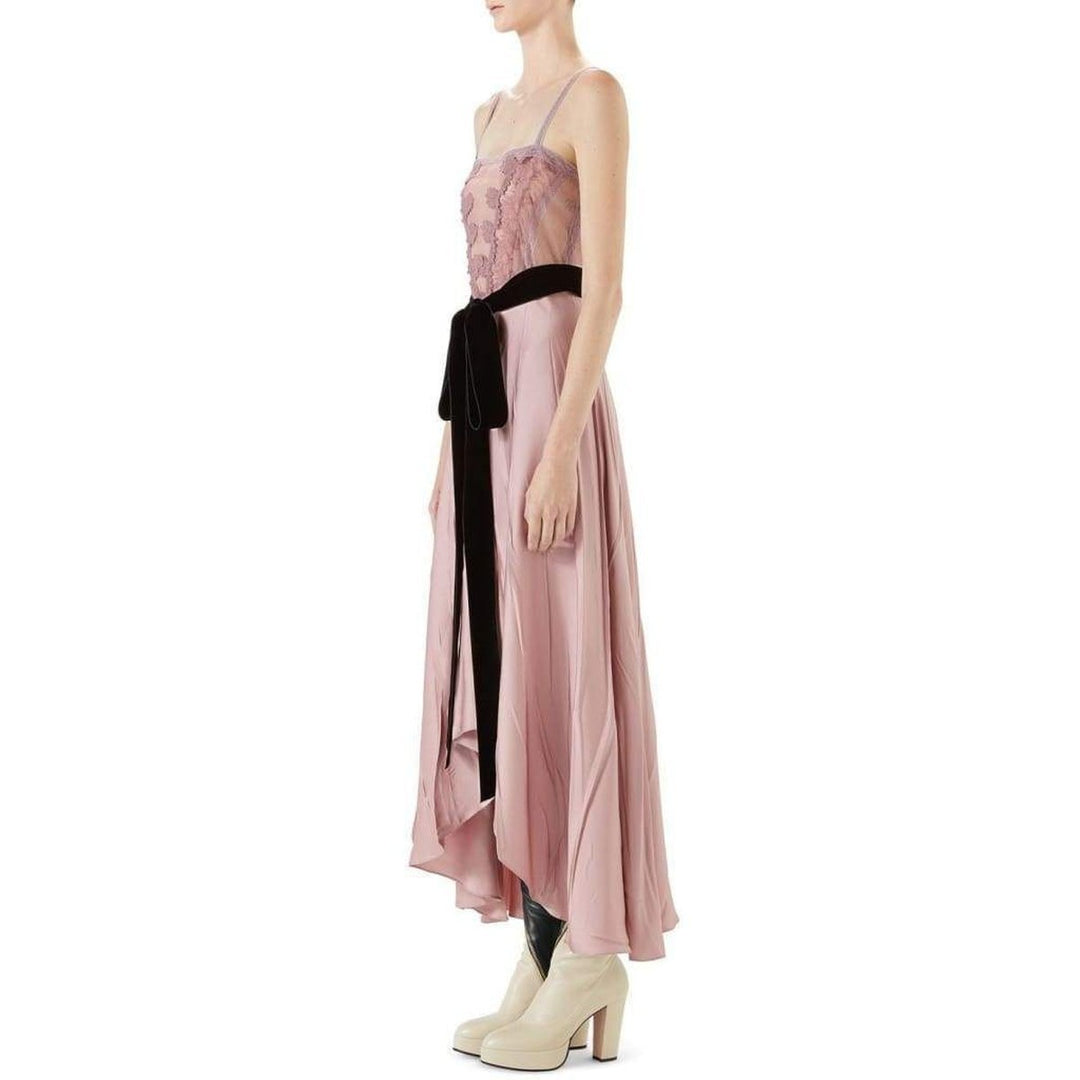 Double Satin Dress Lace Insert and Tie Waist