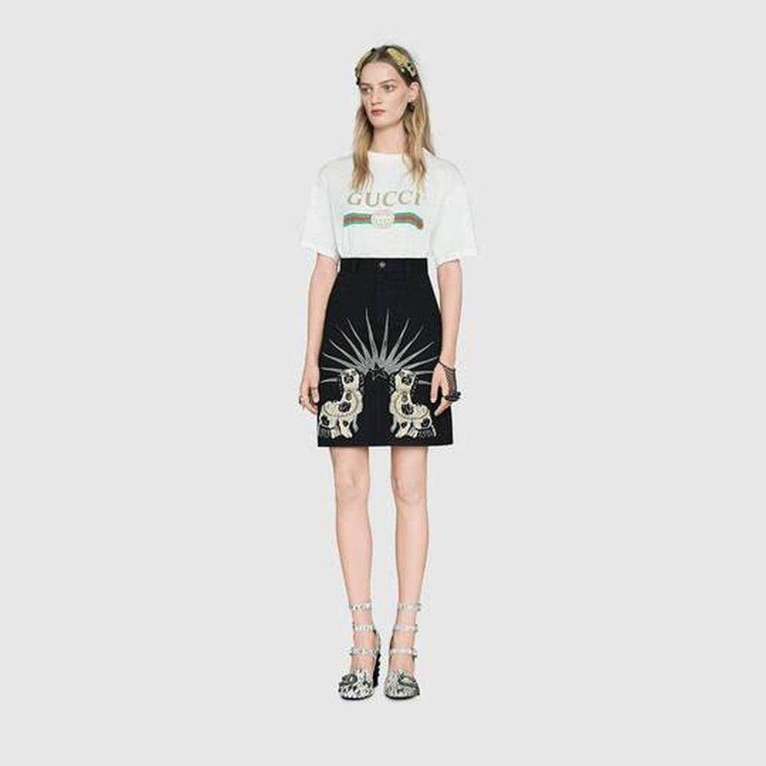 Embroidered Black Denim Mini Skirt