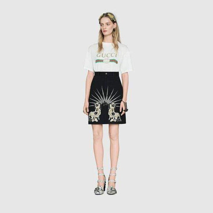 Embroidered Black Denim Mini Skirt