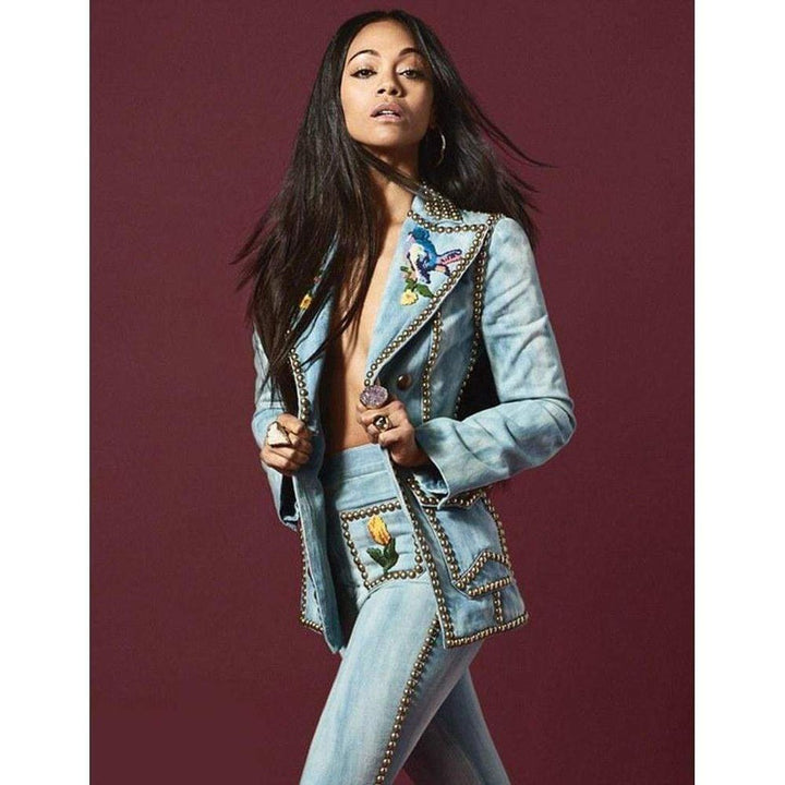 Embroidered Denim Jacket with Studs