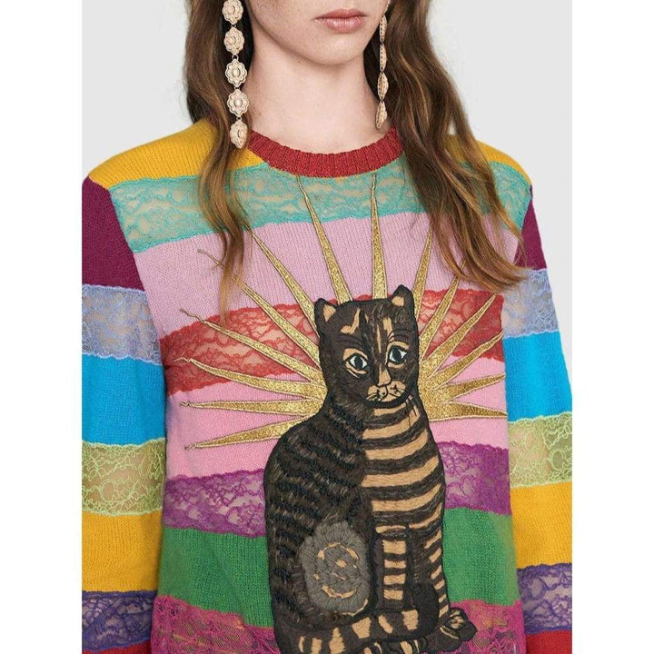 Embroidered Merino and Lace Knit Top