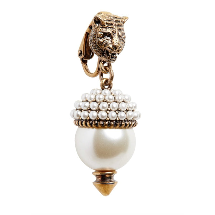 Feline Head Pearl Drop Earrings