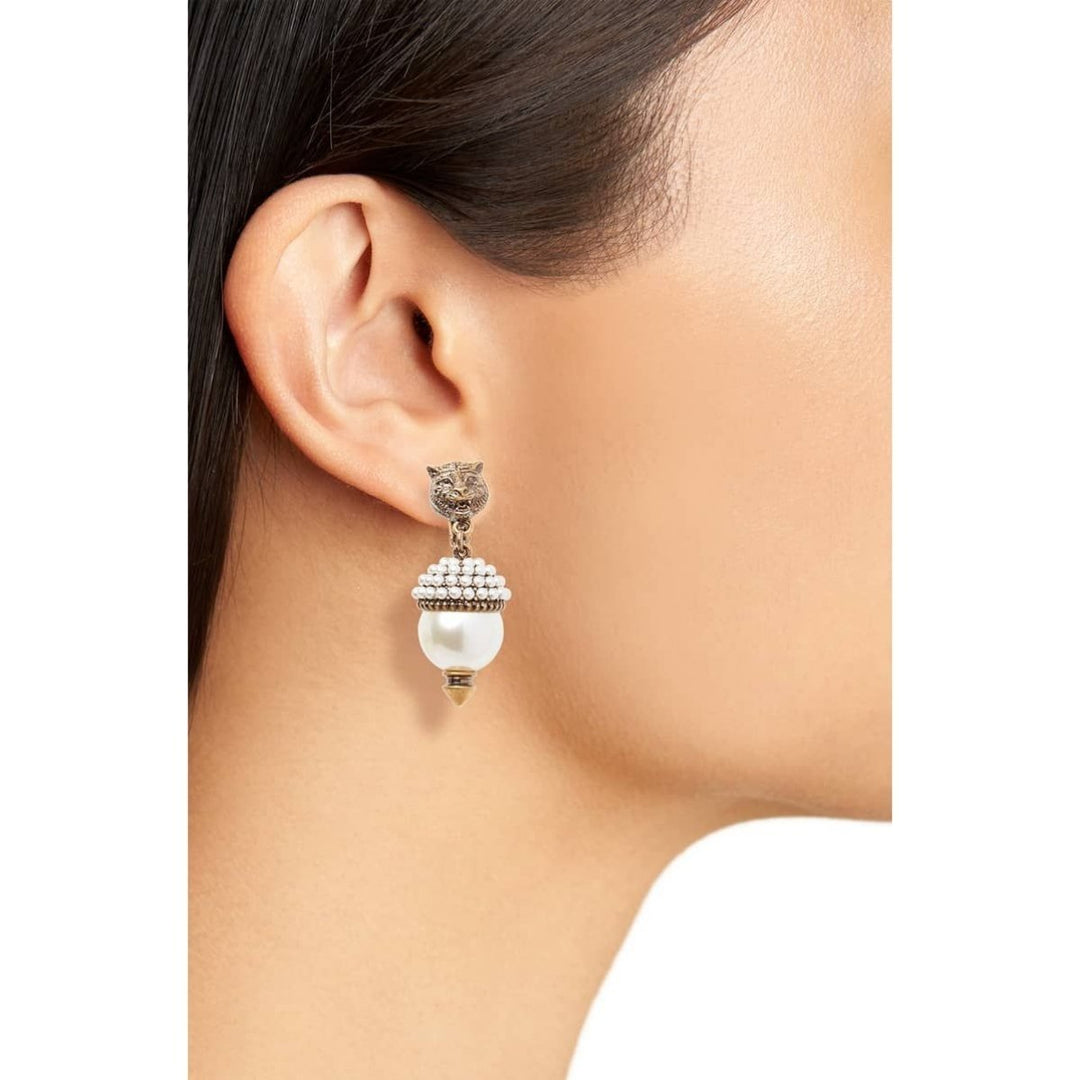 Feline Head Pearl Drop Earrings