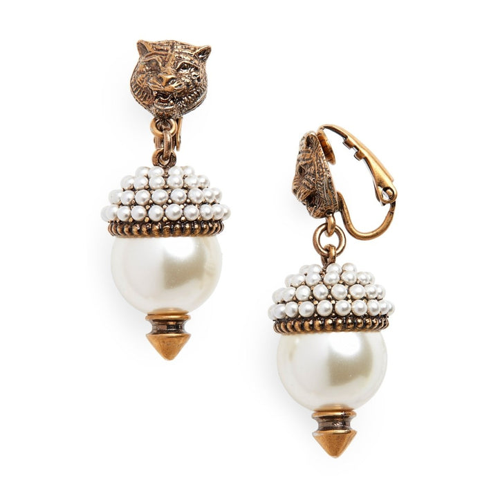 Gucci-Feline Head Imitation Pearl Drop Earrings - Runway Catalog