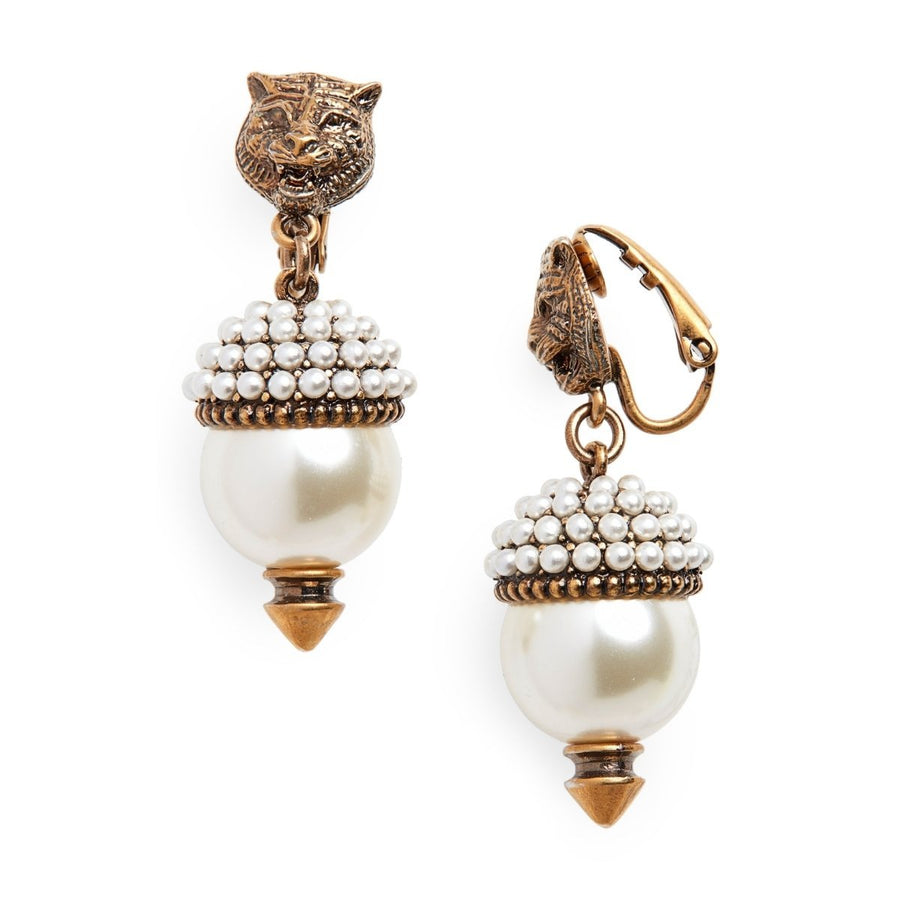Gucci-Feline Head Imitation Pearl Drop Earrings - Runway Catalog