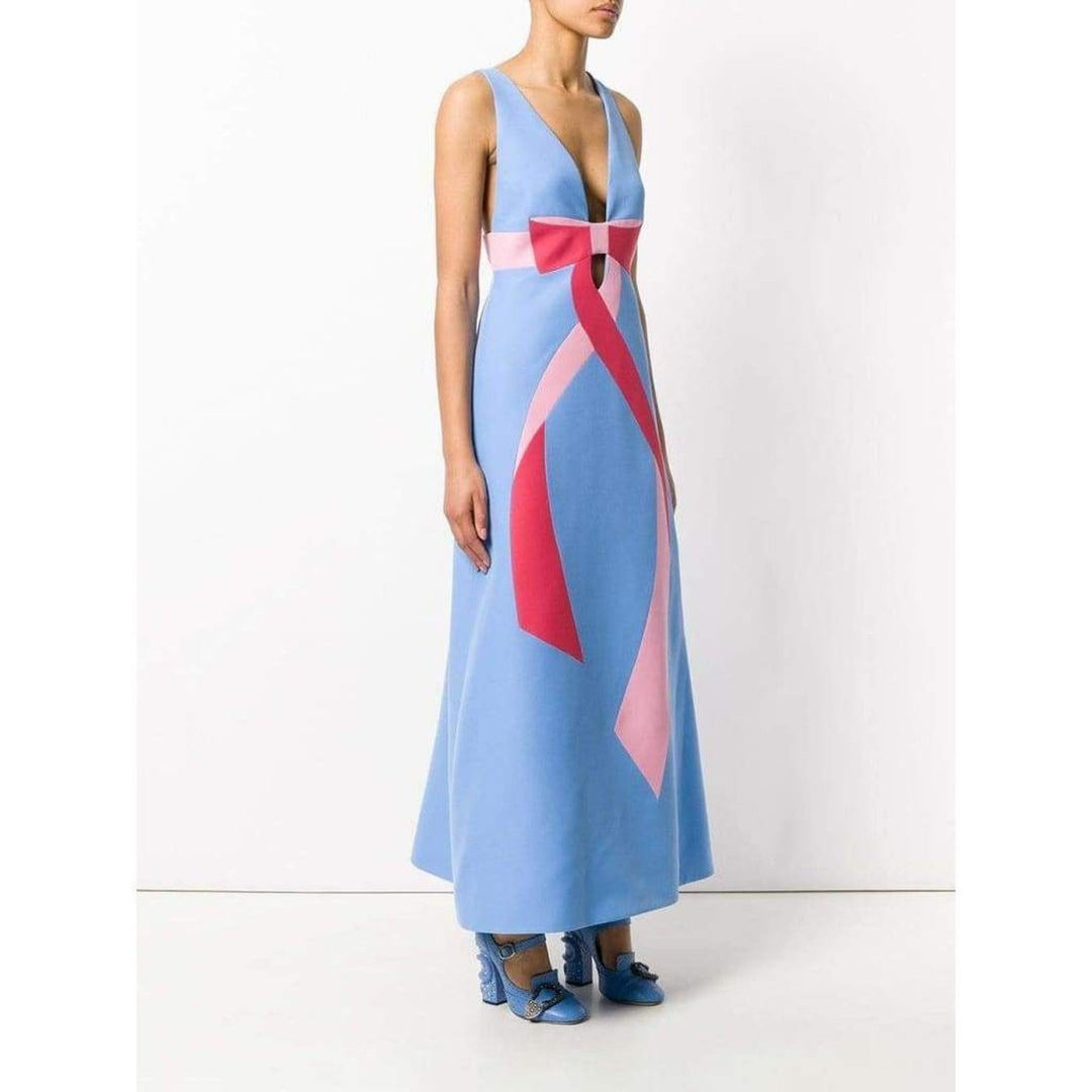 Floor-Length Bow Detail with V Neck Gown
