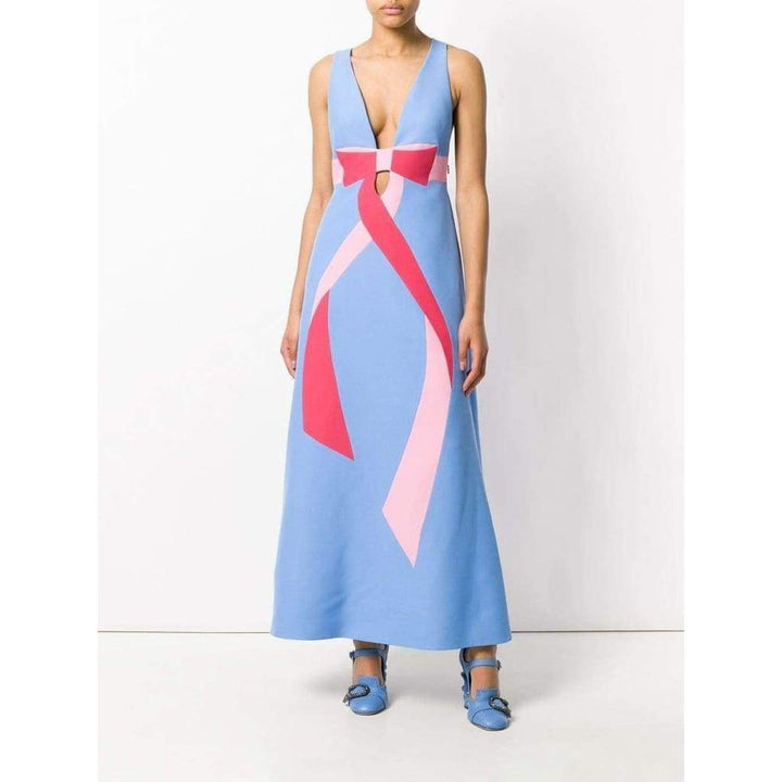 Floor-Length Bow Detail with V Neck Gown