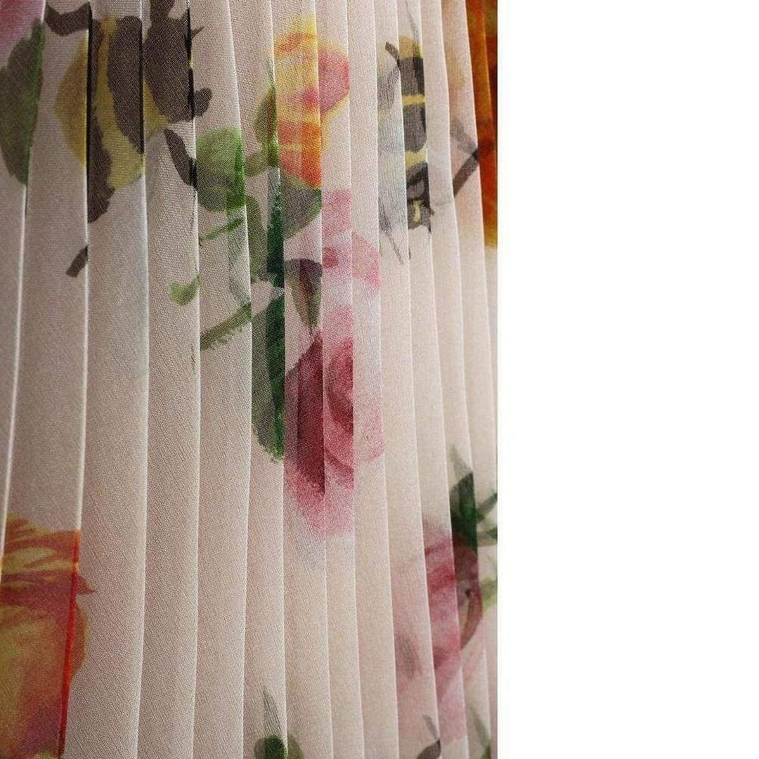 Floral Patterned Pleated Silk Dress
