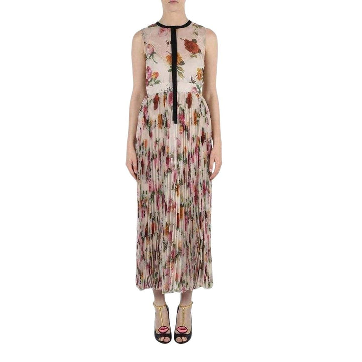 Floral Patterned Pleated Silk Dress