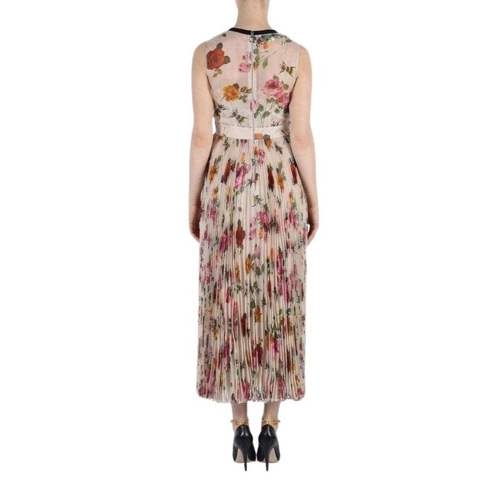Floral Patterned Pleated Silk Dress