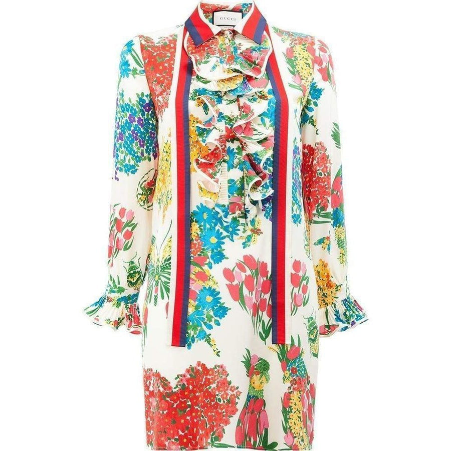 Gucci-Floral Print Ruffle Trim Shirt Dress - Runway Catalog