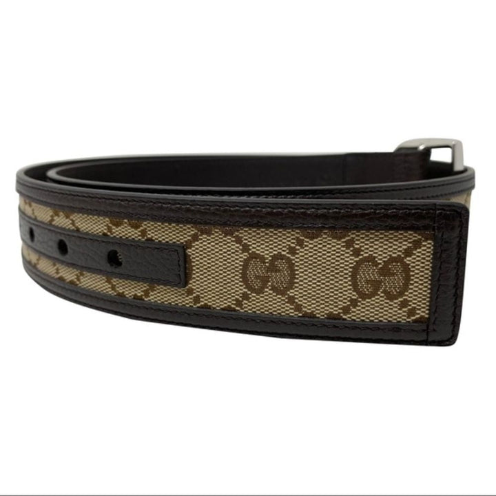 Gucci GG Canvas Brown Leather Palladium Buckle Belt 95/38 449716