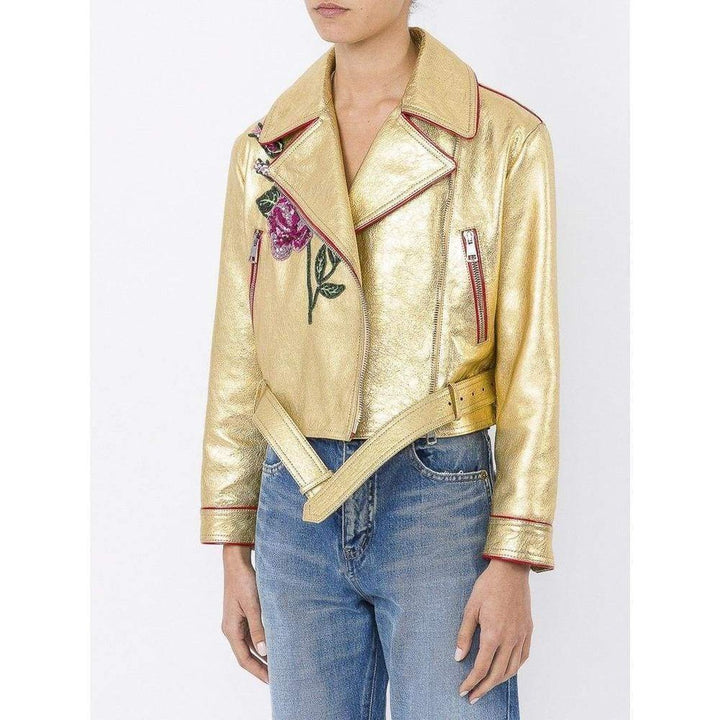 Gold Leather Short Biker Jacket