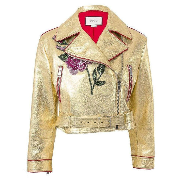 Gucci-Gold Leather Short Biker Jacket - Runway Catalog